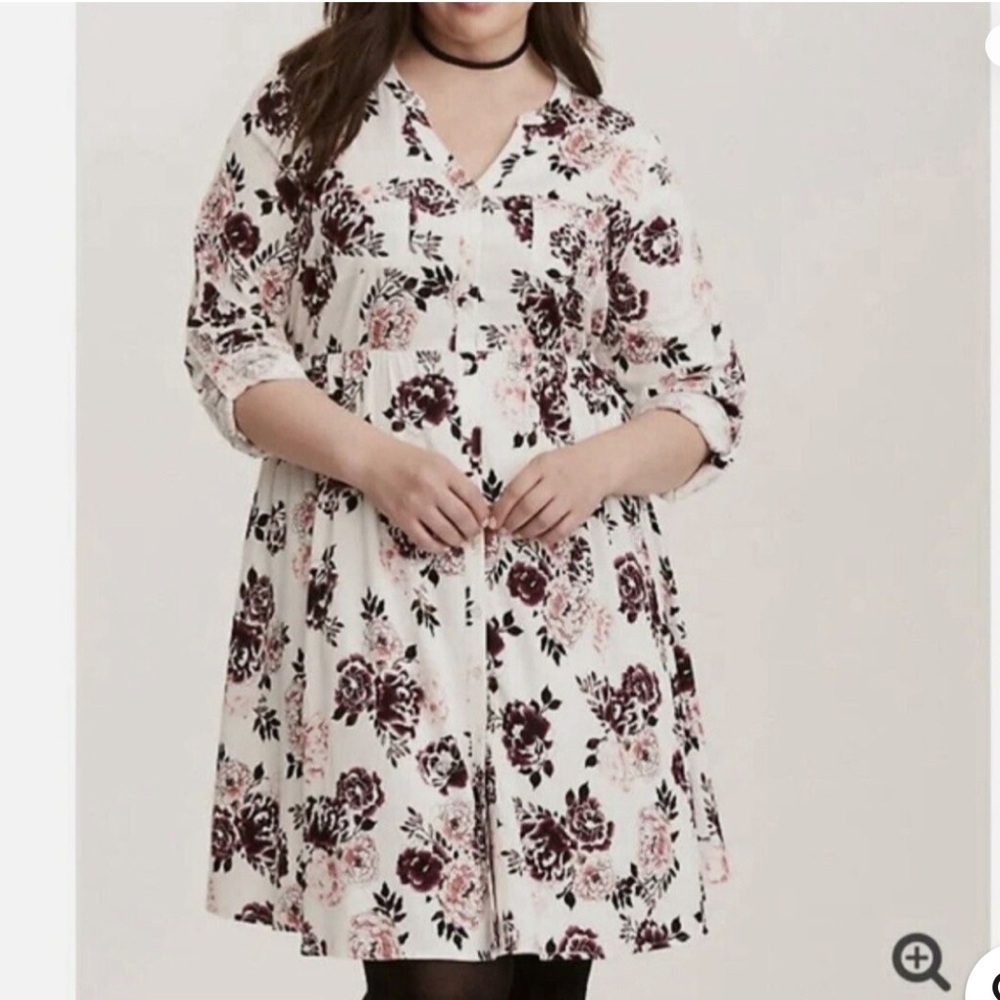Torrid Floral Button Front Tunic Mini Dress Size 2 2X Plus Ivory Pink Burgundy - Picture 5 of 10